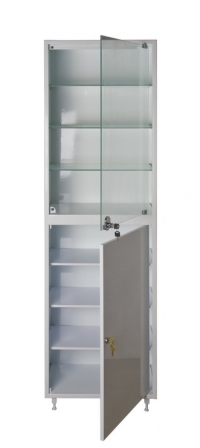ШМ-8 Шкаф медицинский (стекл./мет.) для хранения медикаментов, спецодежды медперсонала и документации, с внутренними замками, с 2-я отсеками: верхний - стеклянная дверь и 3 стеклянные полки, нижний - металлическая дверь и металлические полки